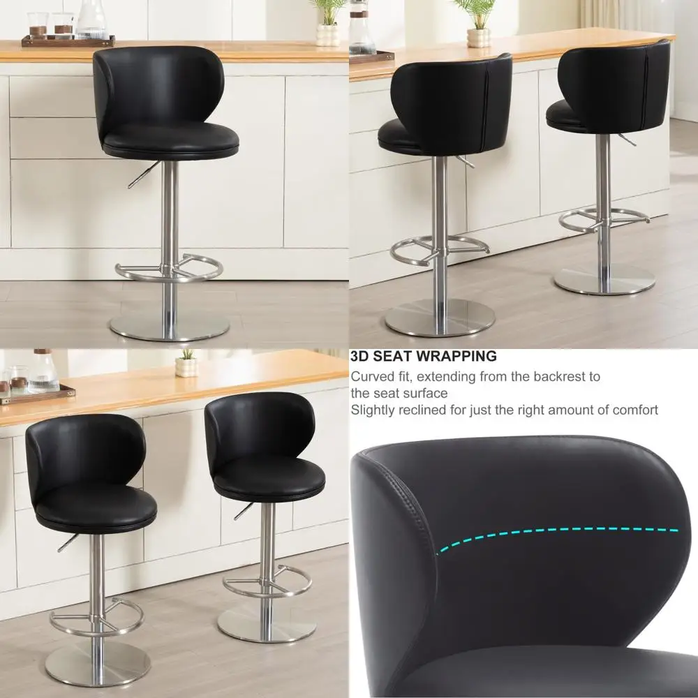 

Modern Grade Stainless Steel Bar Stools with Leather Seat and Backrest, Swivel and Adjustable Height for Kitchen and Dining Use