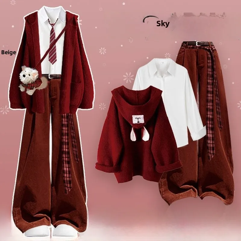 

Красный свитер на Хэллоуин, верхний комплект, повседневные брюки, осенне-зимний комплект футболок для колледжа, полиэстер, длинный свек, свободный крой