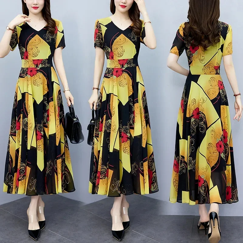 High-end Floral Chiffon Dress Long 2023 Summer New Big Size Fat MM Waist Slimming Belly Cover Skirt