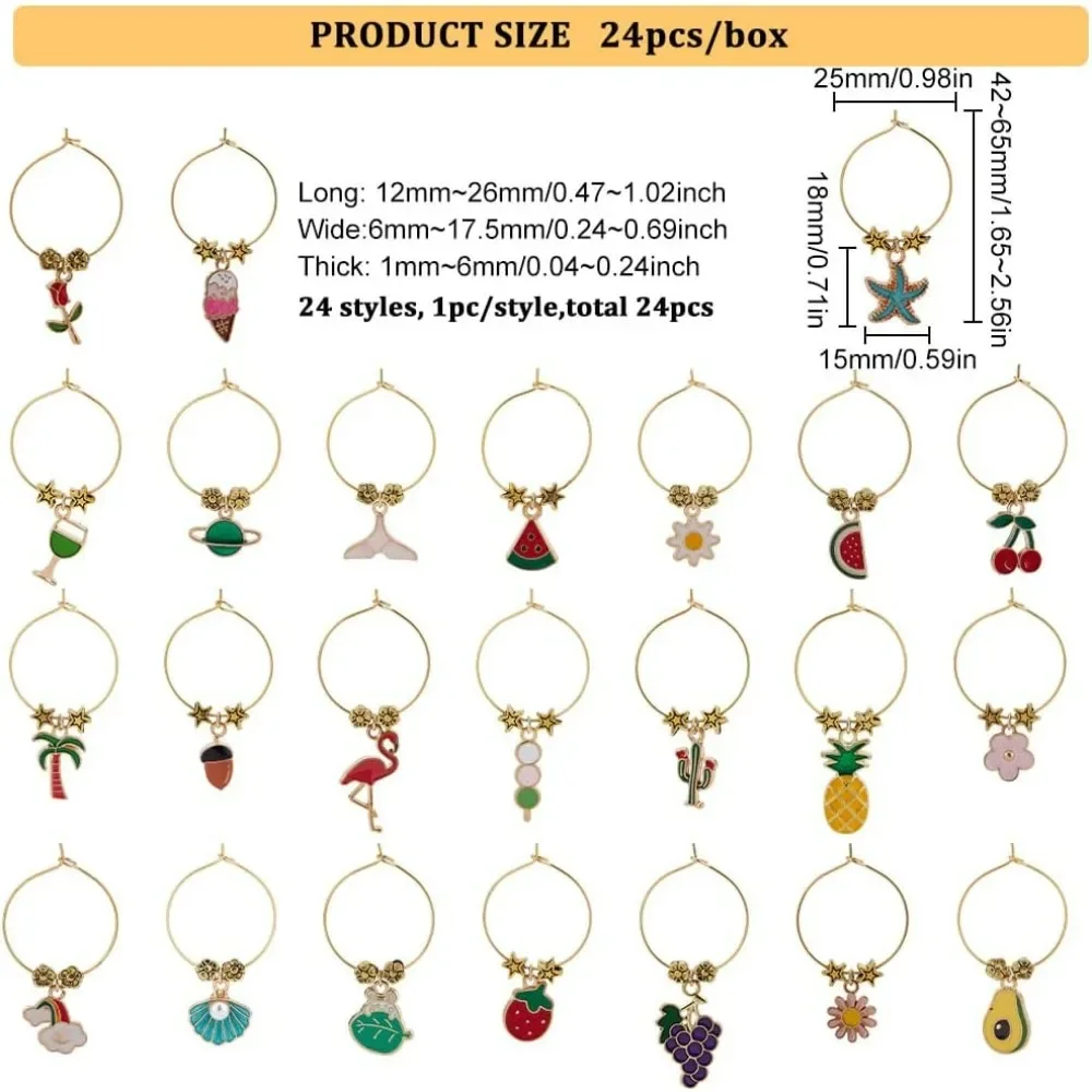 24 Style Summer Theme Wine Glass Charms Flower Fruit Goblet Drink Markers Tags with Hoop Rings and Beads for Cocktail