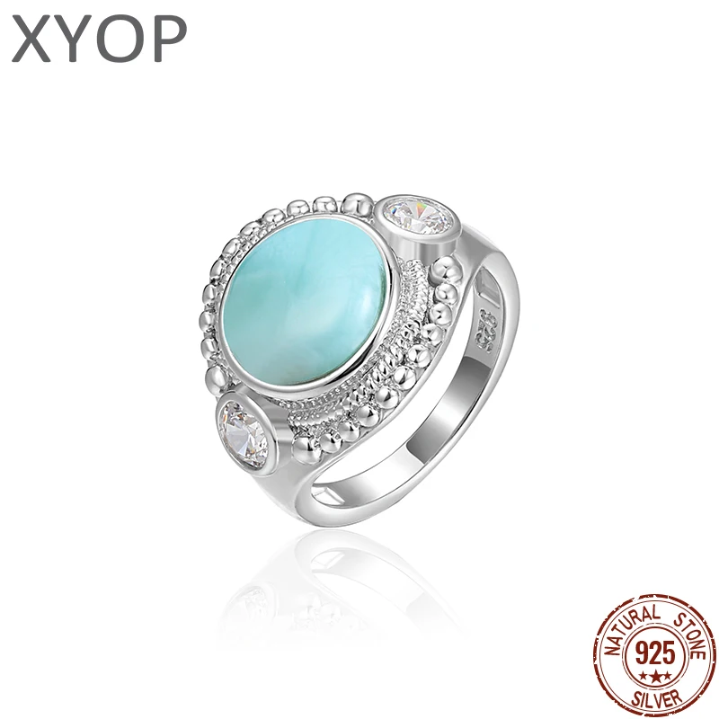 Anello Larimar con pietre preziose naturali in argento Sterling 925 di moda per le donne Design geometrico classico retrò femminile incontri di