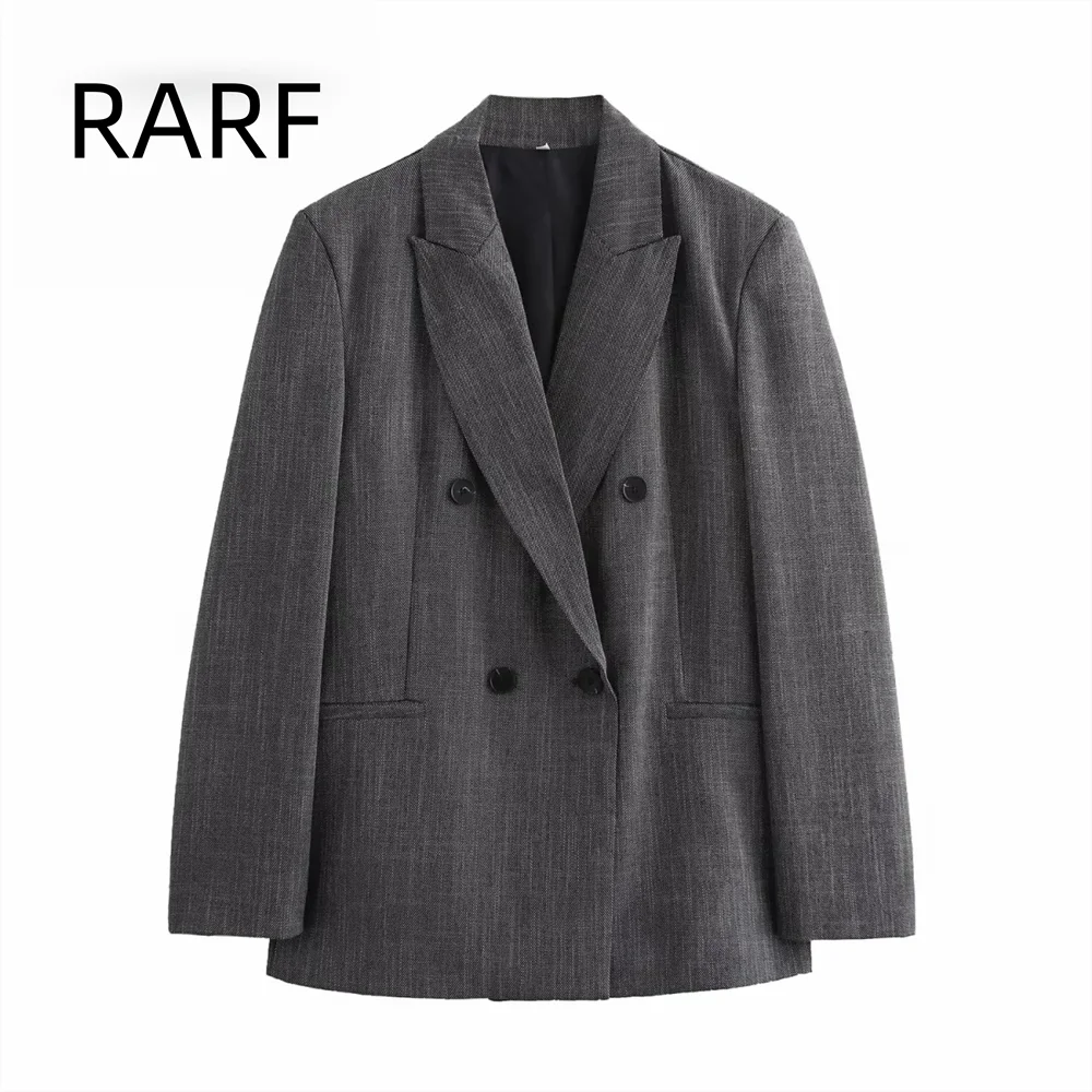 2024  new Korean  casual fashion  with shoulder  pads  double  breasted  high-end  gray  suit jacket