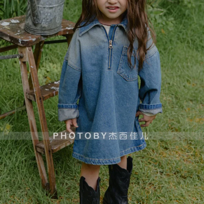 فستان بناتي من قماش الدنيم ملابس أطفال كورية لخريف وشتاء 2025 معطف طويل عصري وبسيط #1