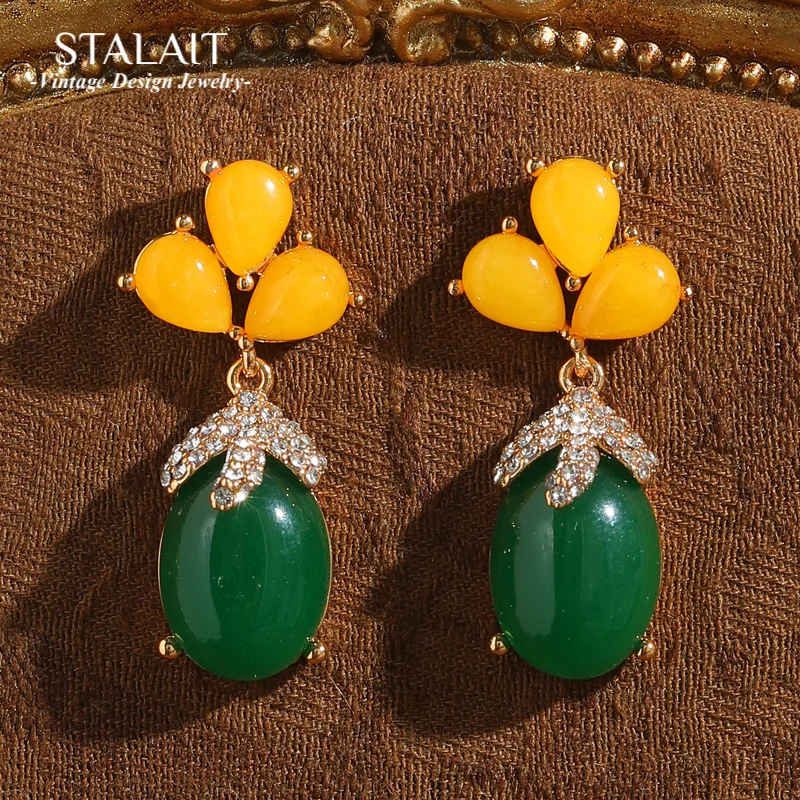 

Vintage Green Earrings Stone Natural Drop Dangle Plant Silver Color Luxury Rhinestones Accessories For Women Valentine Day Gift