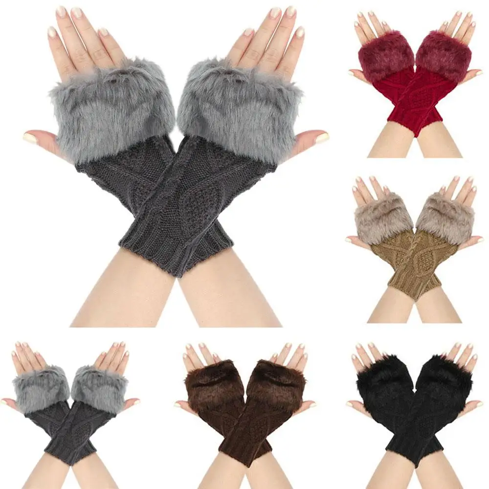 

Winter Keep Warm Plush Knitted Woolen Splicing Half Finger Gloves Women Soft Comfortable Fingerless Gloves Coldproof Party Glove