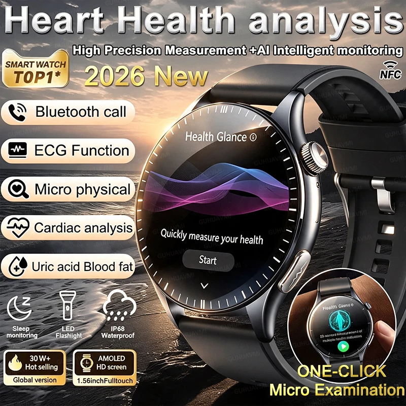 2026 New Non-invasive Health Monitoring Smart Watch ECG+HRV Laser Measure Blood Pressure Blood Fat Uric Acid NFC HD Call Watch