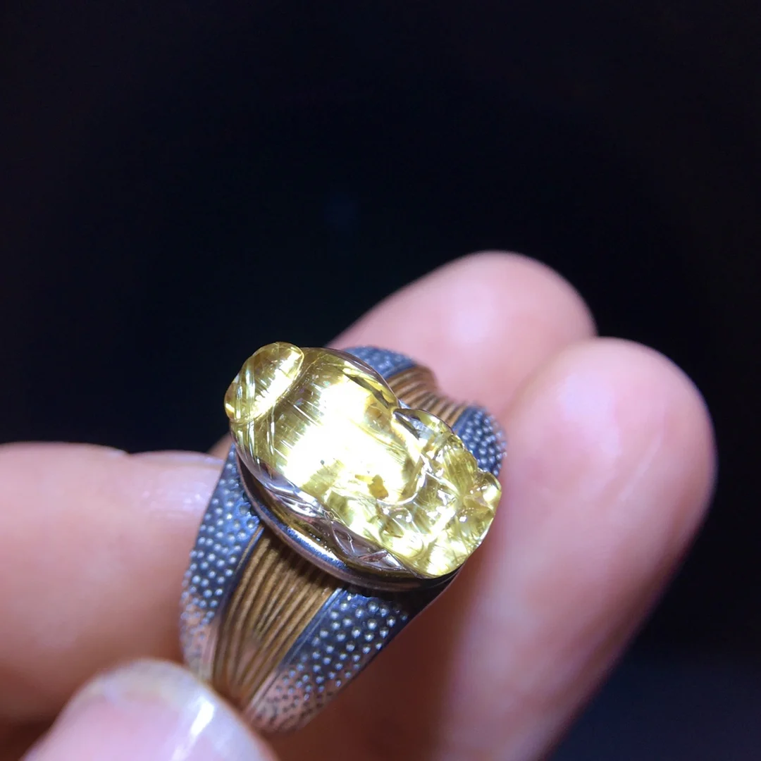 

Natural Gold Rutilated Quartz Adjustable Ring 13/7.4mm Pi Xiu Flower Women 925 Silver Yellow Rutilated Beads AAAAAA