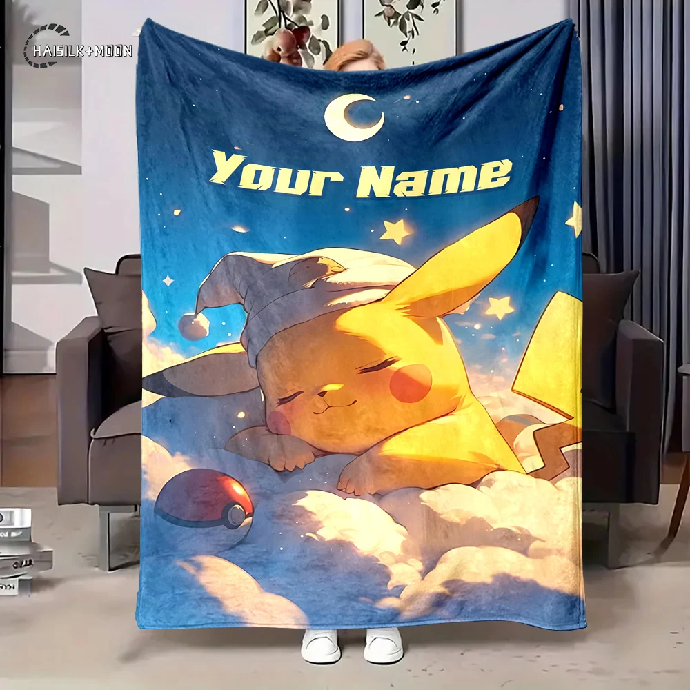 Custom Name Personalized Blanket Pokemon Pikachu Fluffy Soft Flannel Sofa Adult Blanket Office Lunch Break Blanket Kid Gift