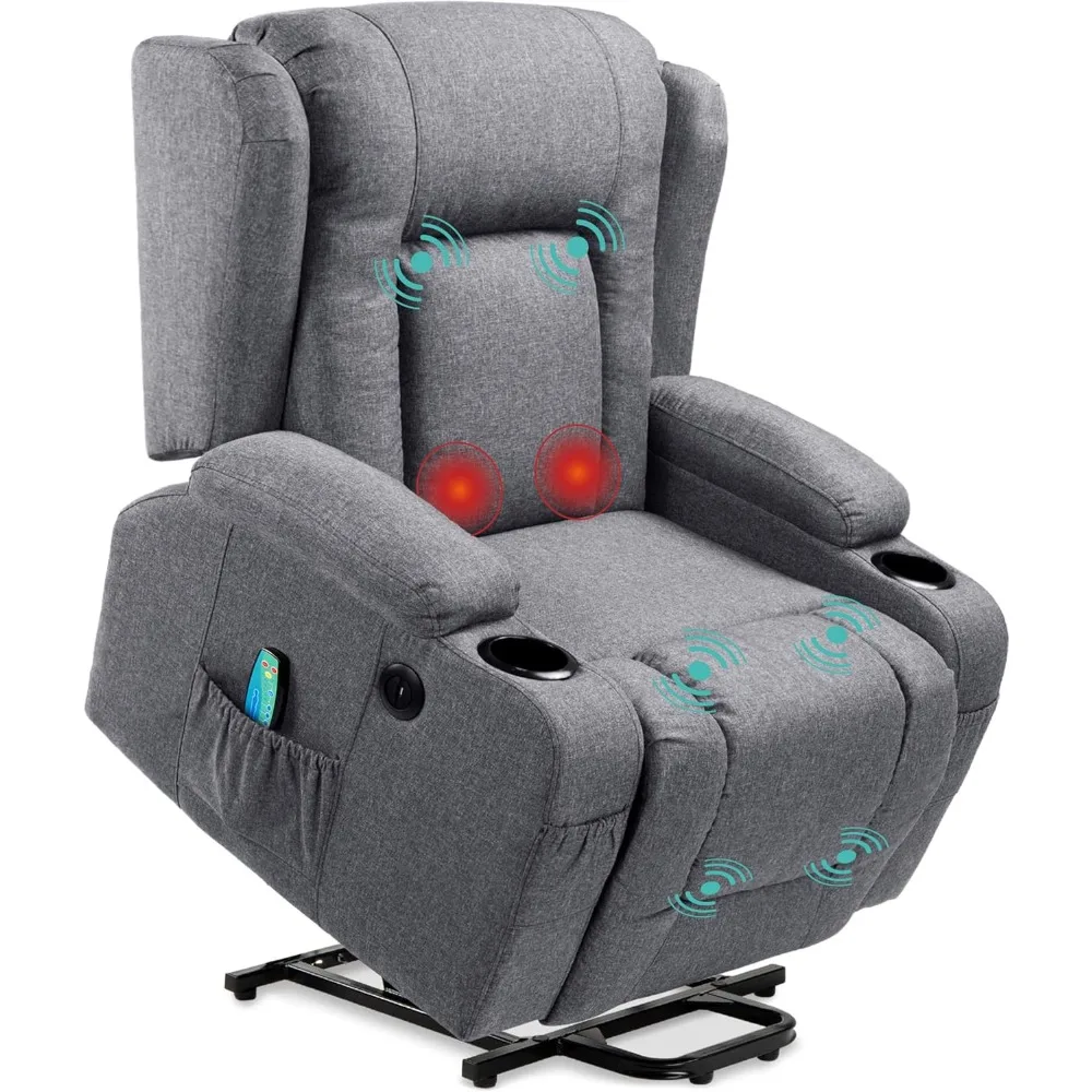 Modern Linen Electric Power Lift Chair, Recliner Massage/ 3 Positions, USB Port, Heat, Cupholders, Easy-to-Reach Button - Gray