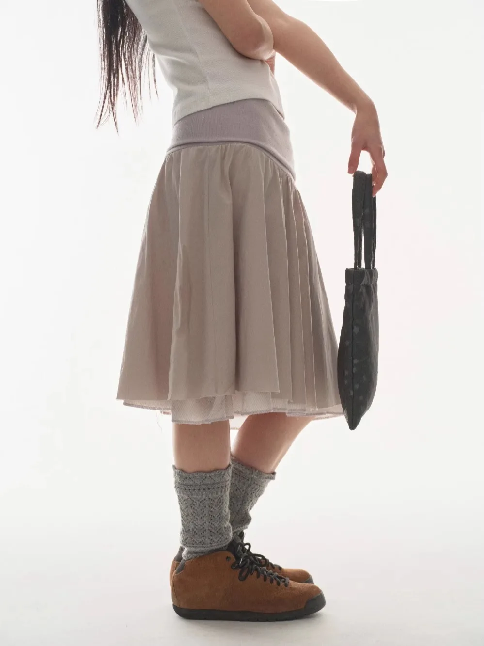 Casual Unique SEI Double Layered Fluffy Skirt Women's f-length Casual Waist-flip Design Korean Sle High Waist A-line Skirt