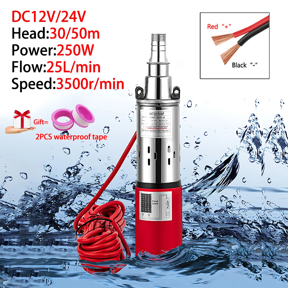 

Портативный погружной насос из нержавеющей стали для глубоких скважин, 12/24В, 250Вт, напор 30/50м, для сада, сельского хозяйства, орошения, фермерских угодий