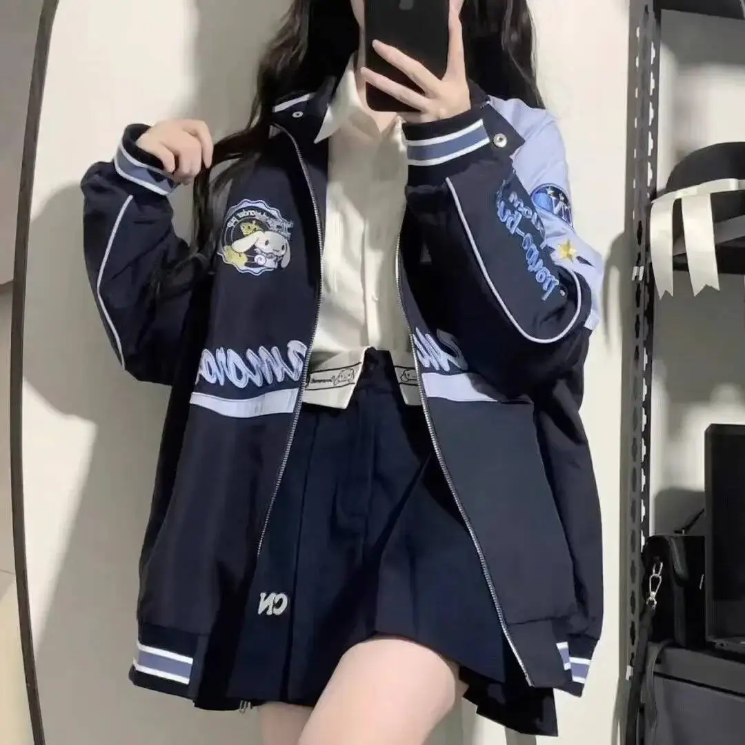 

American Retro Blue Baseball Jacket Women's Autumn New Design Casual Couple Workwear Outerwear Trendy Loose Fit Coat