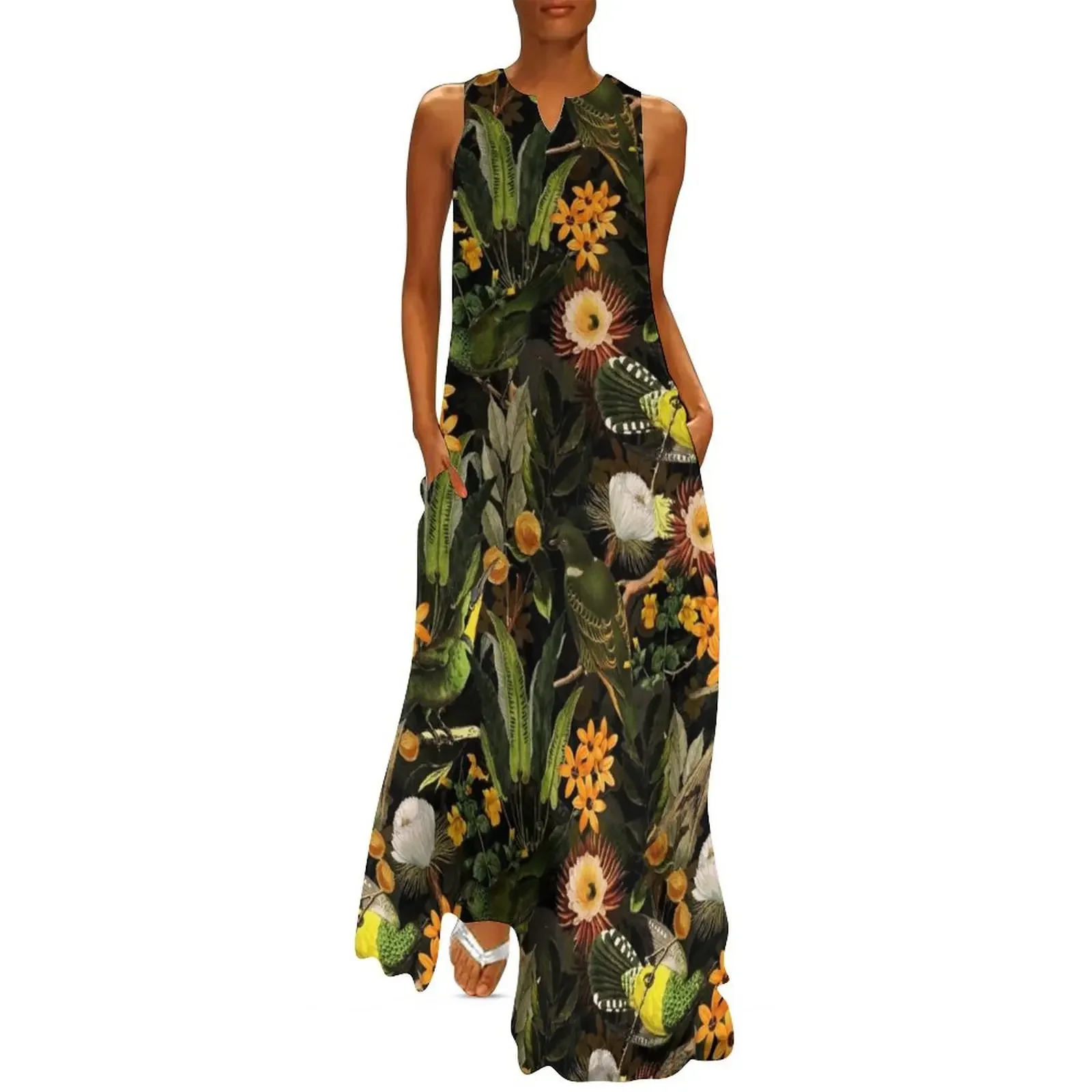 

Birds In Tropical Flower Garden - black Long Dress Women long dress Women's evening dress women long dresses
