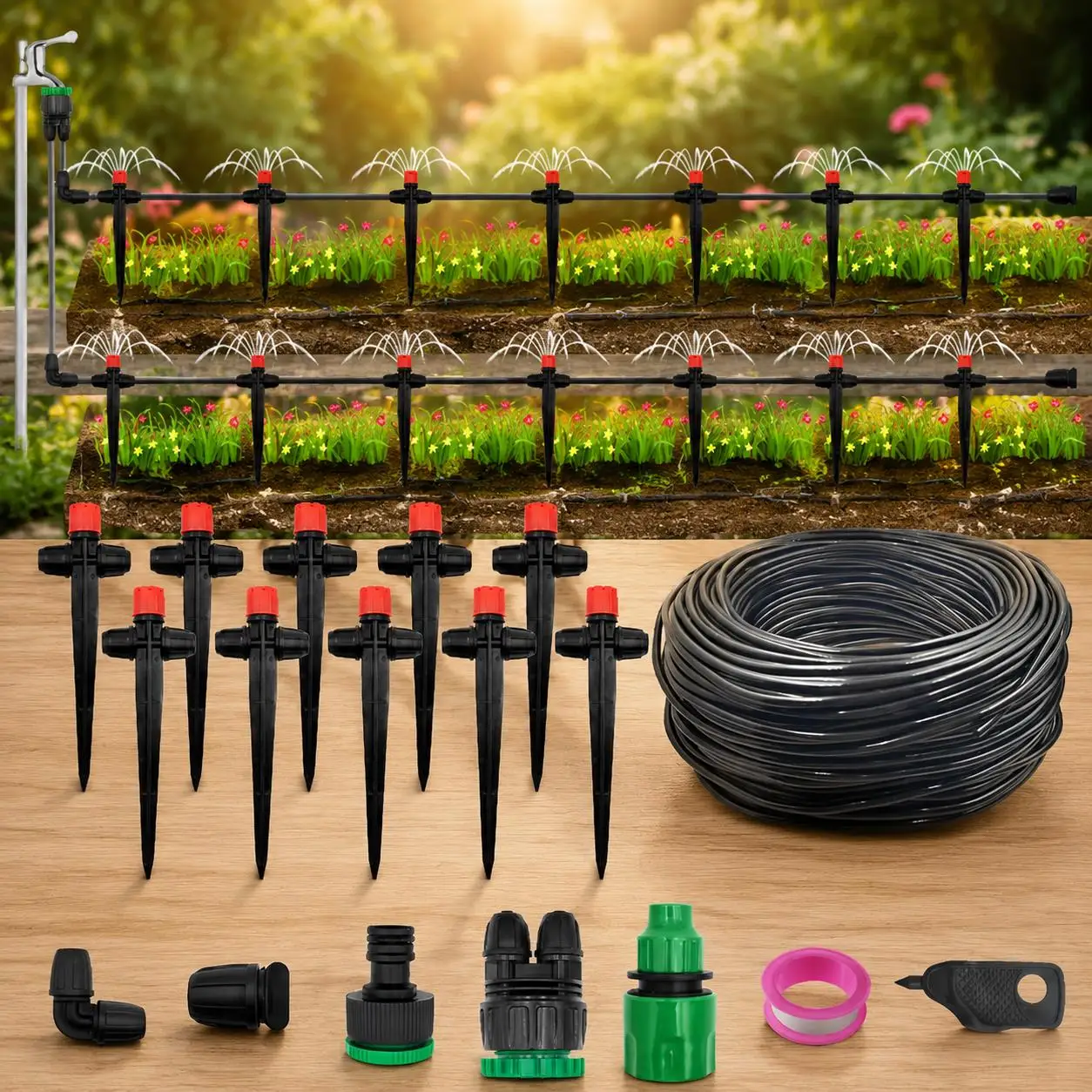 Garten-Tropfbewässerungssystem 1/4 Zoll Spike-Sprinkler Automatisches Bewässerungssystem-Set für Bonsai-Töpfe, Blumen, Gemüse, Gewächshauspflanzen