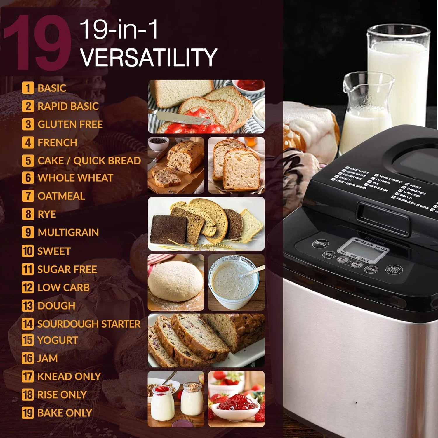 19 In 1 Programs Fully Automatic Multifunctional 1.5LB Bread Maker Stainless Steel Bread Maker Machine