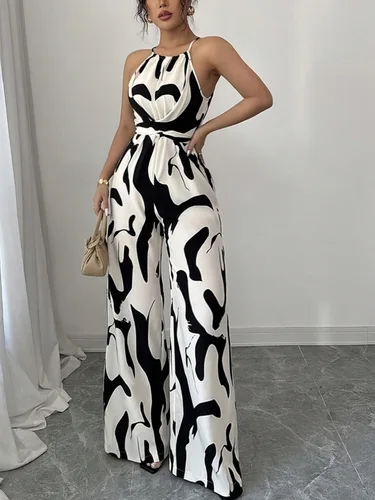 Imagen 1 del producto Novedad de verano de gama alta, mono retro versátil con cordones en la cintura, adelgazante, estampado, cuello colgante para mujer