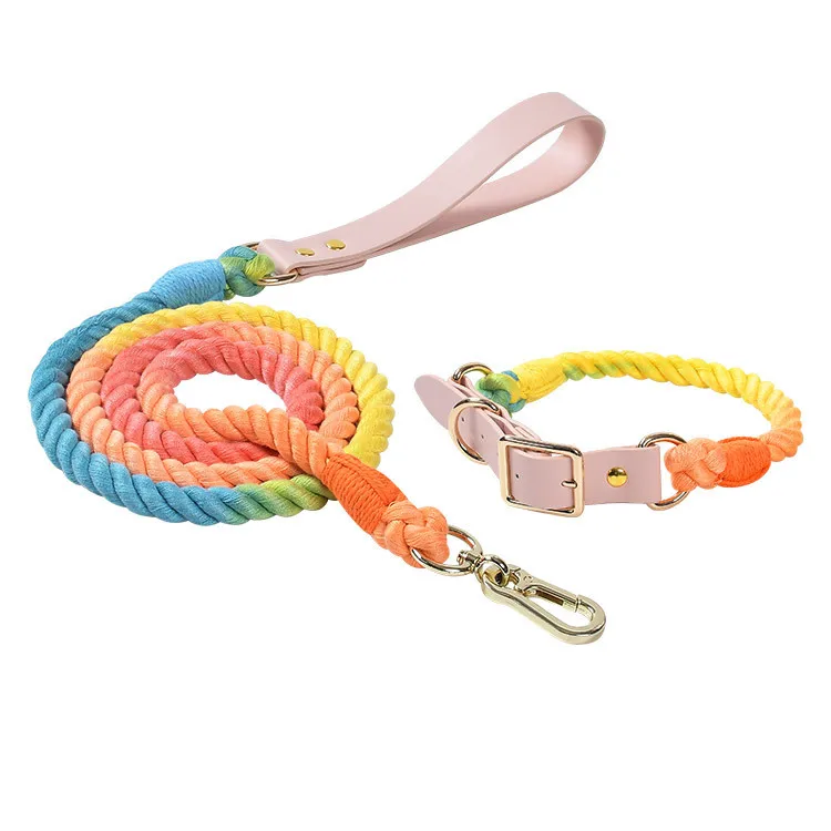 

New Designer Elegant Pu Leather Handle Rainbow Rope Dog Leash Collar Factory Braided Comfortable Adjustable Pet Leads