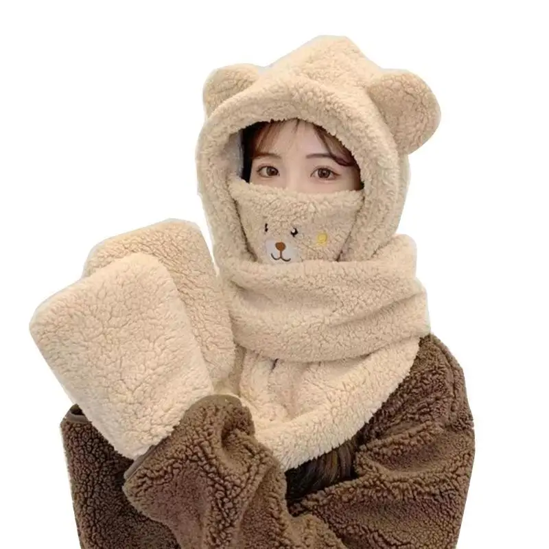 

652F 4in1 Teens&Adult Winter Hat Gloves Mask Scarf Set Thicken Beanie Hat Keep Warm