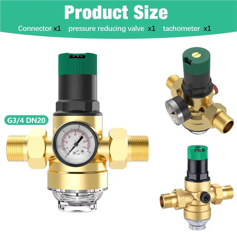ABLU-4X Pressure Regulator Water 3/4 Inch, Water Pressure Regulator With Water Pressure Gauge And Mesh Filter