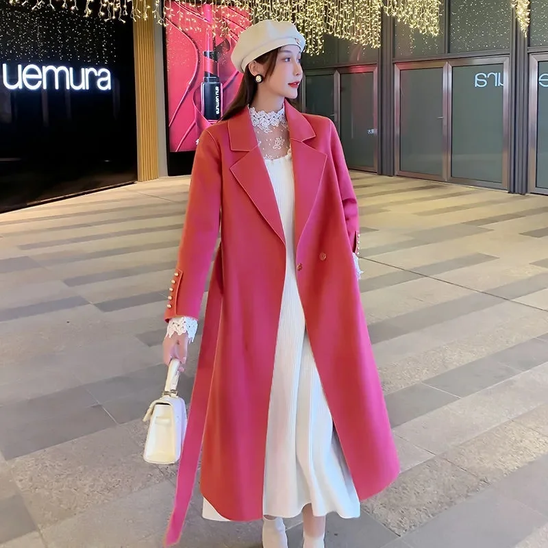 Office Lady Woolen Jackets 2025 Autumn And Winter Elegant All-Match Lace Up Loose Long Women's 100% Wool Coats