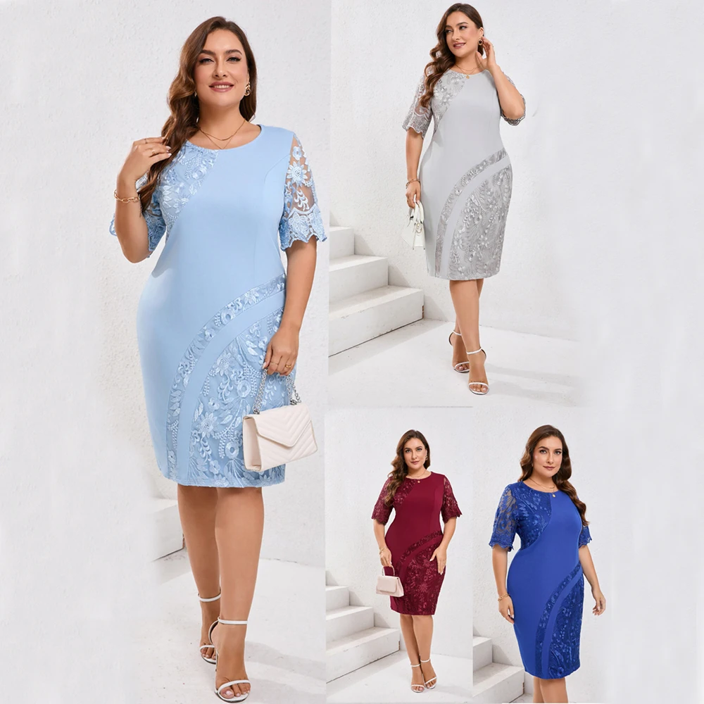 

L-5XL Blue Red Fashion Midi Dress Short Sleeve Women's Elegant Dresses Summer Clothes Cheap Outfit Curvy Oversized Wedding Party