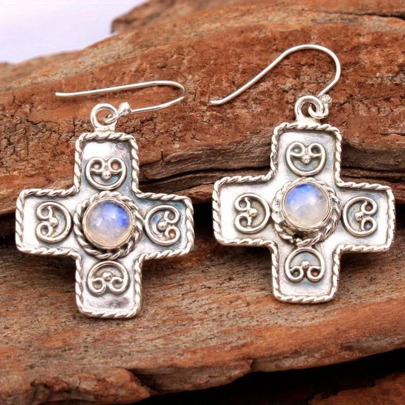 Böhmische Kreuzförmige Synthetische Mondstein-Ohrhänger für Damen Vintage Exquisiter Schmuck für Bankette und Urlaub