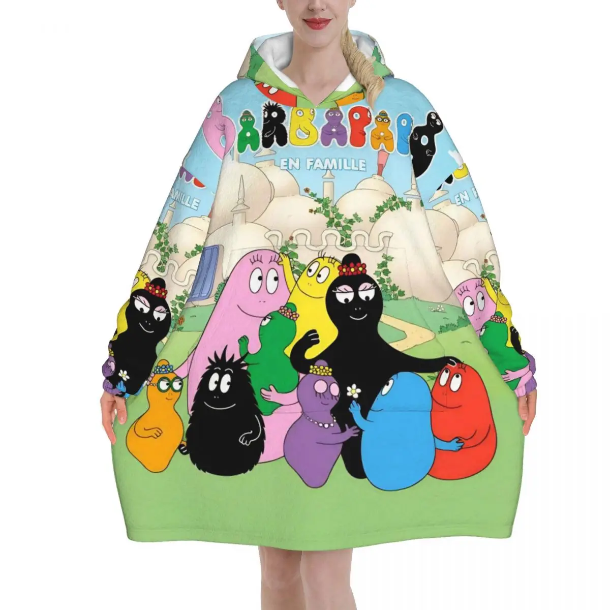 Kawaii Barbapapa الكرتون بطانية هوديي يمكن ارتداؤها بطانية كبيرة مع جيب كيس النوم الدافئة لينة مريحة نيسيي