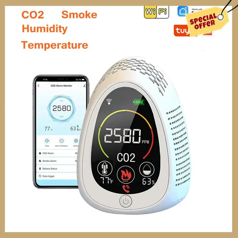 Монитор качества воздуха Tuya 5 в 1, фотоэлектрический детектор углекислого газа, пожарная сигнализация CO2, детектор температуры и влажности-WMAN