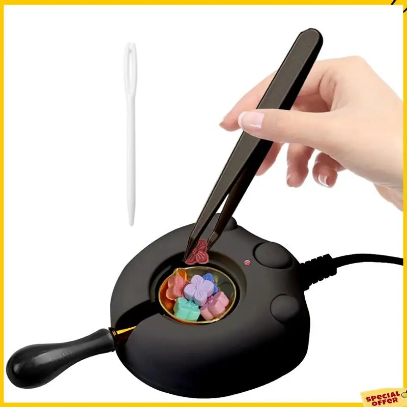 A24P جهاز تسخين ختم الشمع الكهربائي، طقم ختم الشمع الأسود مع ملعقة وملاقط أداة رائعة لأختام الشمع DIY، قابس أمريكي