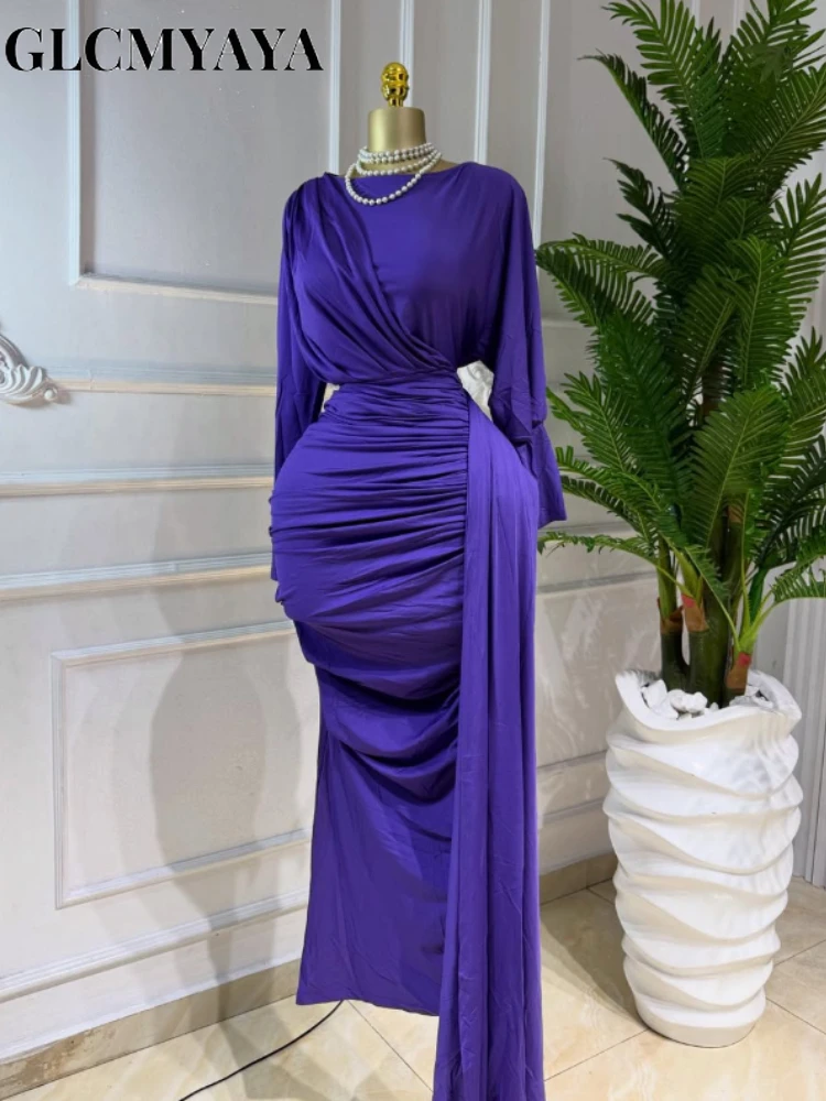 CM.YAYA المرأة كم كامل Ruched مكدسة Bodycon الشريط فستان طويل الخريف مساء عيد ميلاد عطلة فساتين مثيرة