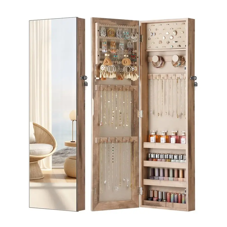 

Mirror Jewelry Cabinet, Jewelry Armoire with Full Length Mirror,Mirror with Jewelry Storage Wall Door Mounted, Lockable Jewelry