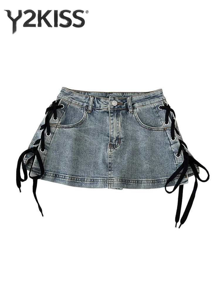 

Summer Women Mini Denim A-line Skirts College Style American Retro Lace Up Y2k Harajuku 2000s Korean Tide E-girl Gyaru Punk New