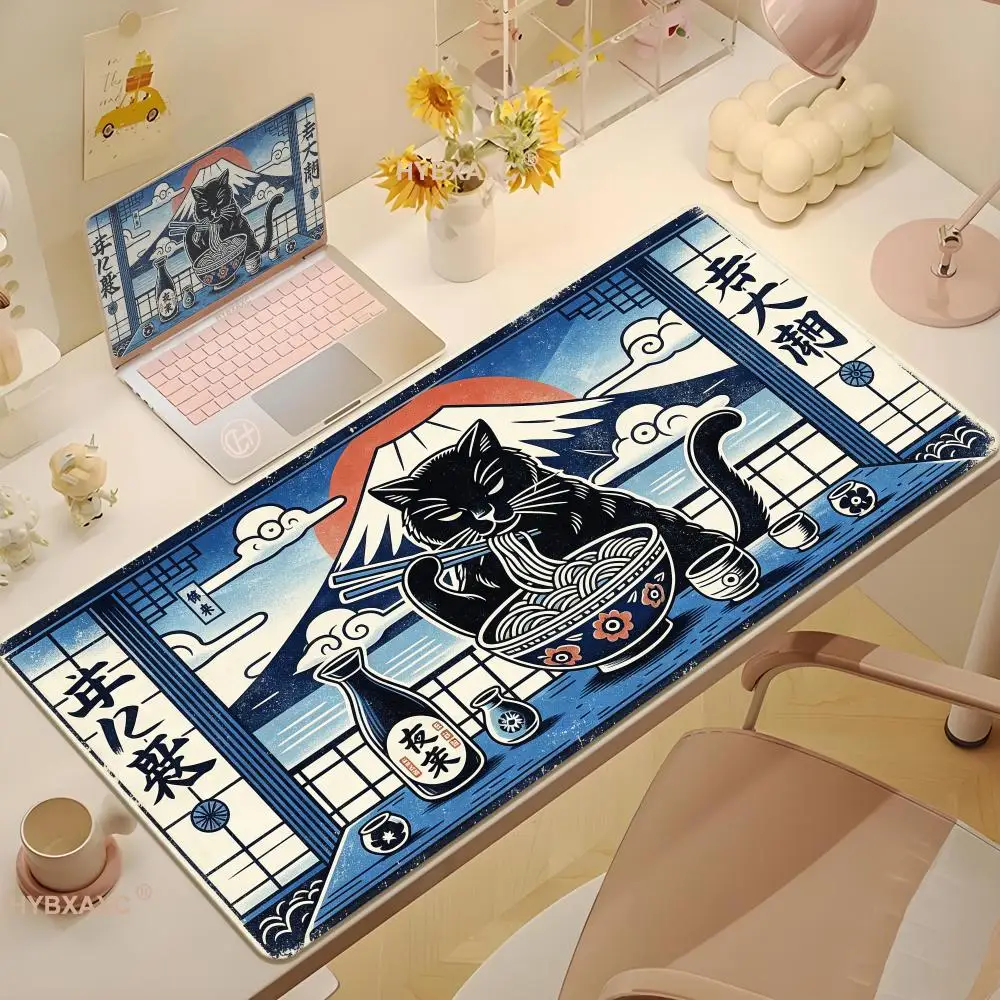 Kawaii Japanese Cat Eating Ramen Mouse Pad Gaming Non Slip MousePad Rubber Office Table Mats HD Keyboard Long Desk Mat