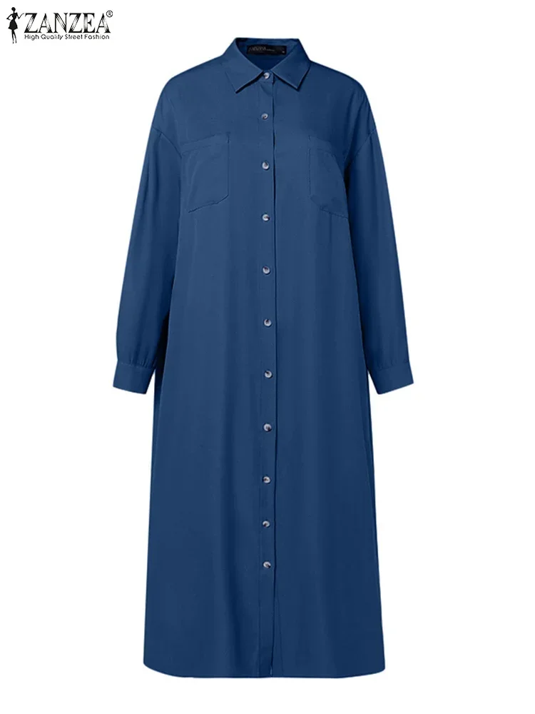 ZANZEA Abito lungo da donna Casual Tinta unita Vestido 2025 Autunno Vintage Open Up Bottoni Abito camicia Chic Risvolto Abito a maniche lunghe