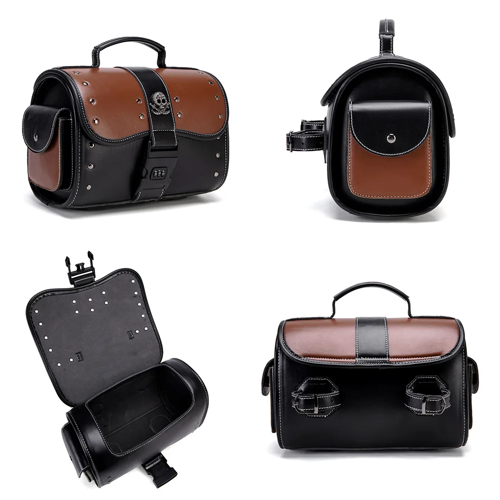 Vintage Skull Motorcycle Side Bag Rivet Edge Design PU Leather Password Lock Waterproof Motorbike Storage Handbag (Buy2 as Pair)