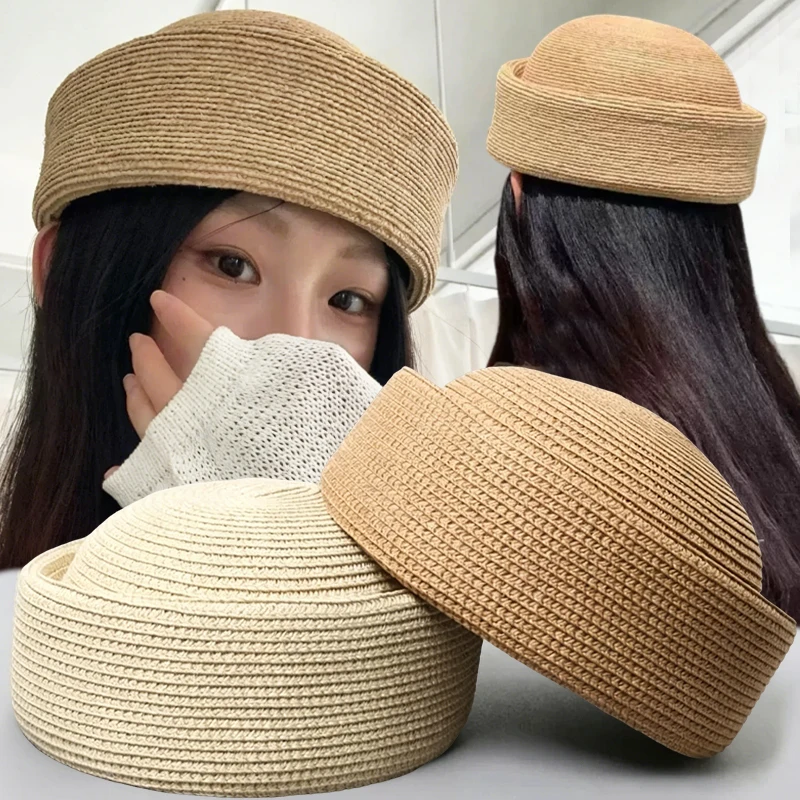 2026 Retro French Style Rafi Straw Hat No Brim Round Top Elegant Small Pillbox Hat European Fashion High End for a Vacation Look