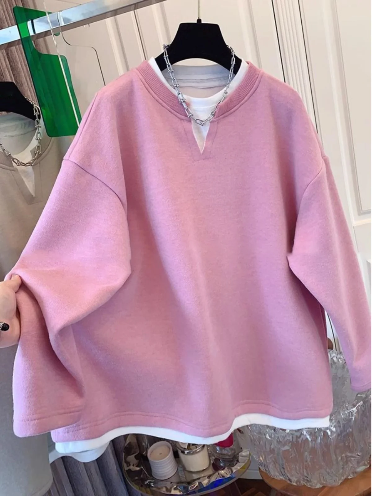 Laid-back Style round Neck Sweatshirt Base Layer Loose Women's Inner Wear Spring Autumn Korean Version Large Size T-shirt