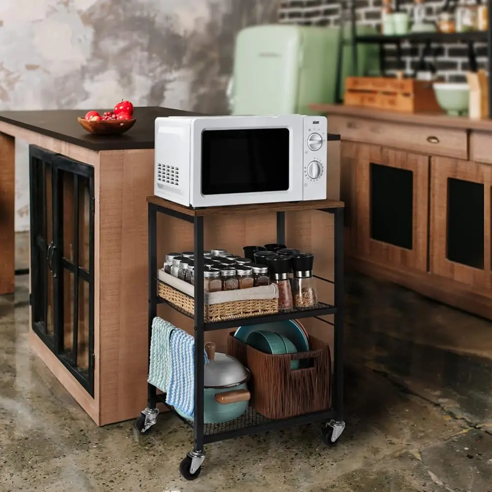 3 Tier Rolling Cart, Brown Kitchen Carts On Wheels With Storage, Multifunctional Utility Cart For Kitchen, Bathroom, Living