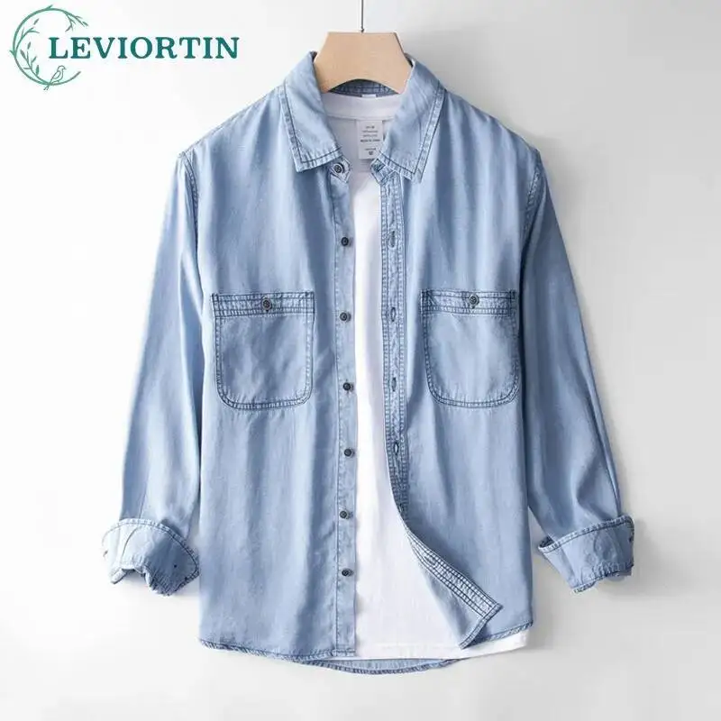 Men's fashionable versatile casual shirt washed loose basic cotton linen thin style retro youth lapel long sleeved shirt