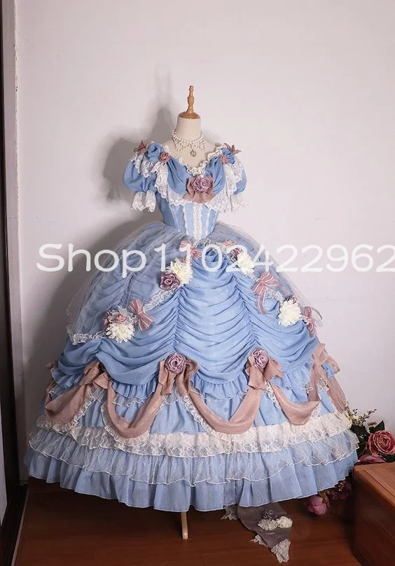 Sage Green Lolita rococo Cosplay Prom Dresses with Sleeve 3D Floral Ruffles Ruched Lace Princess Victorian Evening Gown
