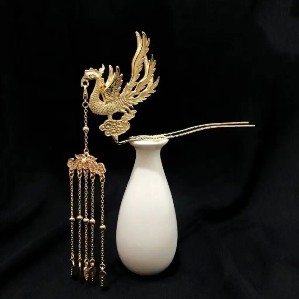 Antique Gold Plated Metal Phoenix With Long Tassel Hair Stick  Hanfu Headdress