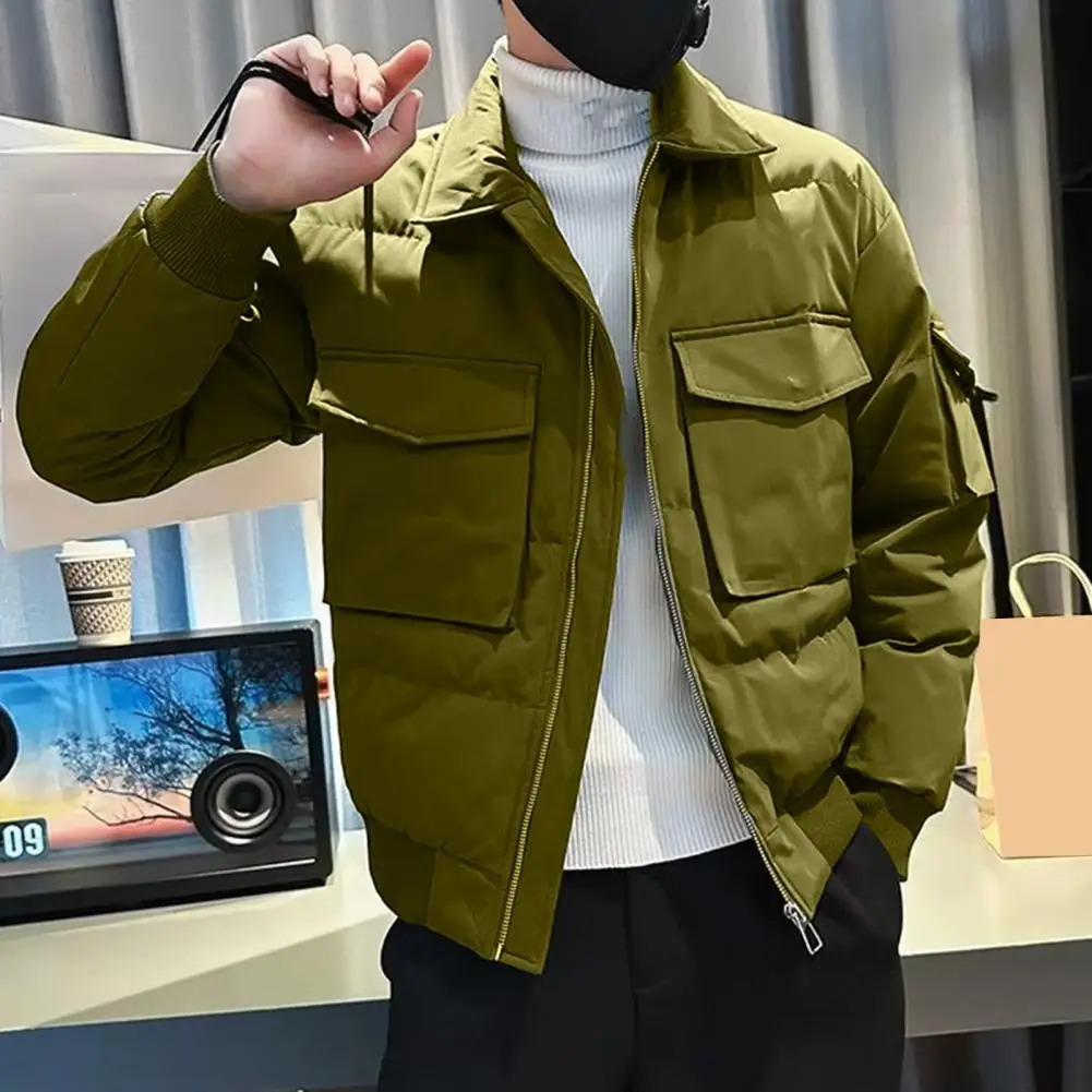 Lapel Design Outerwear Hip Hop Streetwear Men's Jacket with Multiple Pockets Zipper Closure Lapel Buttons Casual Solid for A