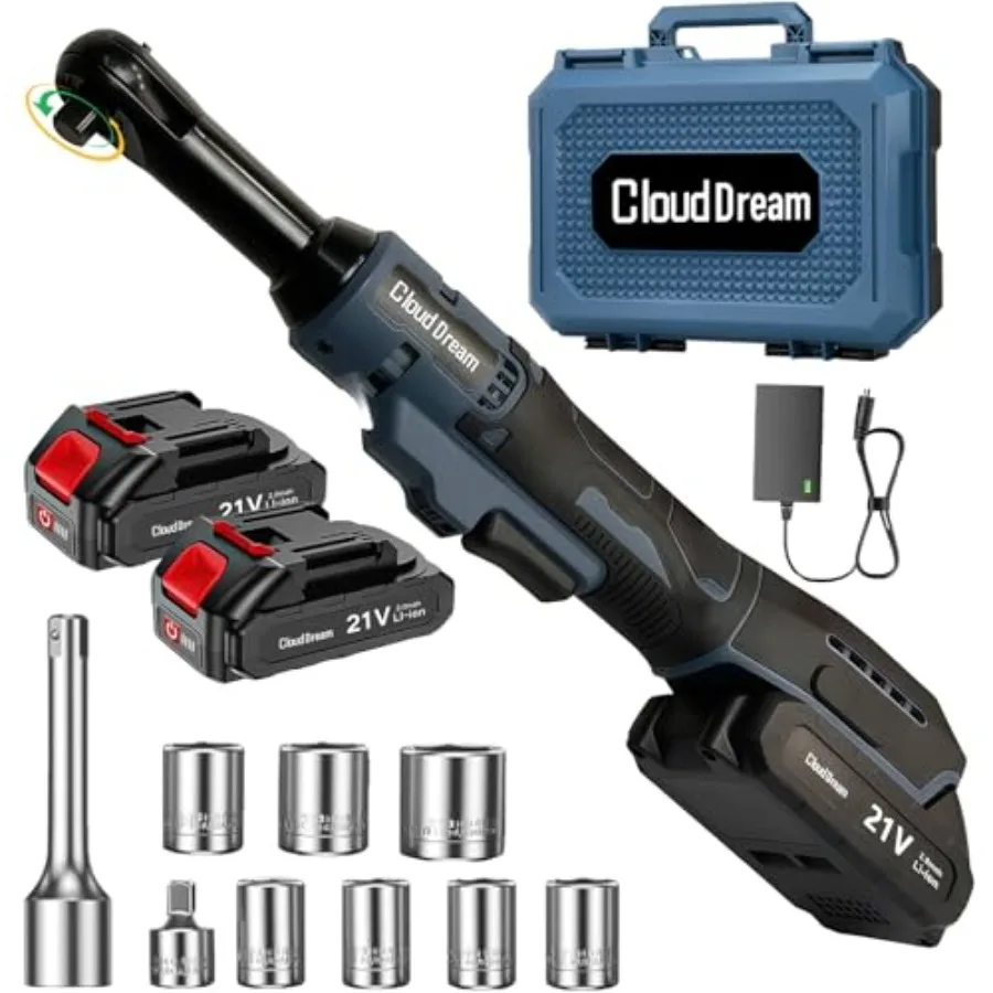 

3/8" Cordless Electric Ratchet Wrench45Ft-lbs 60N.m Extended Ratchet Set with 2x 2.0Ah Batteries Variable Speed Power Driver 6