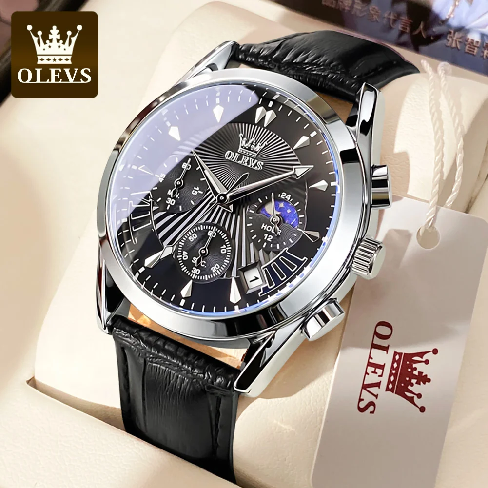 

Luxury Brand OLEVS Men's Watch Genuine Leather Strap Waterproof Luminous Chronograph Moon Phase Auto Date Quartz Watch for Men