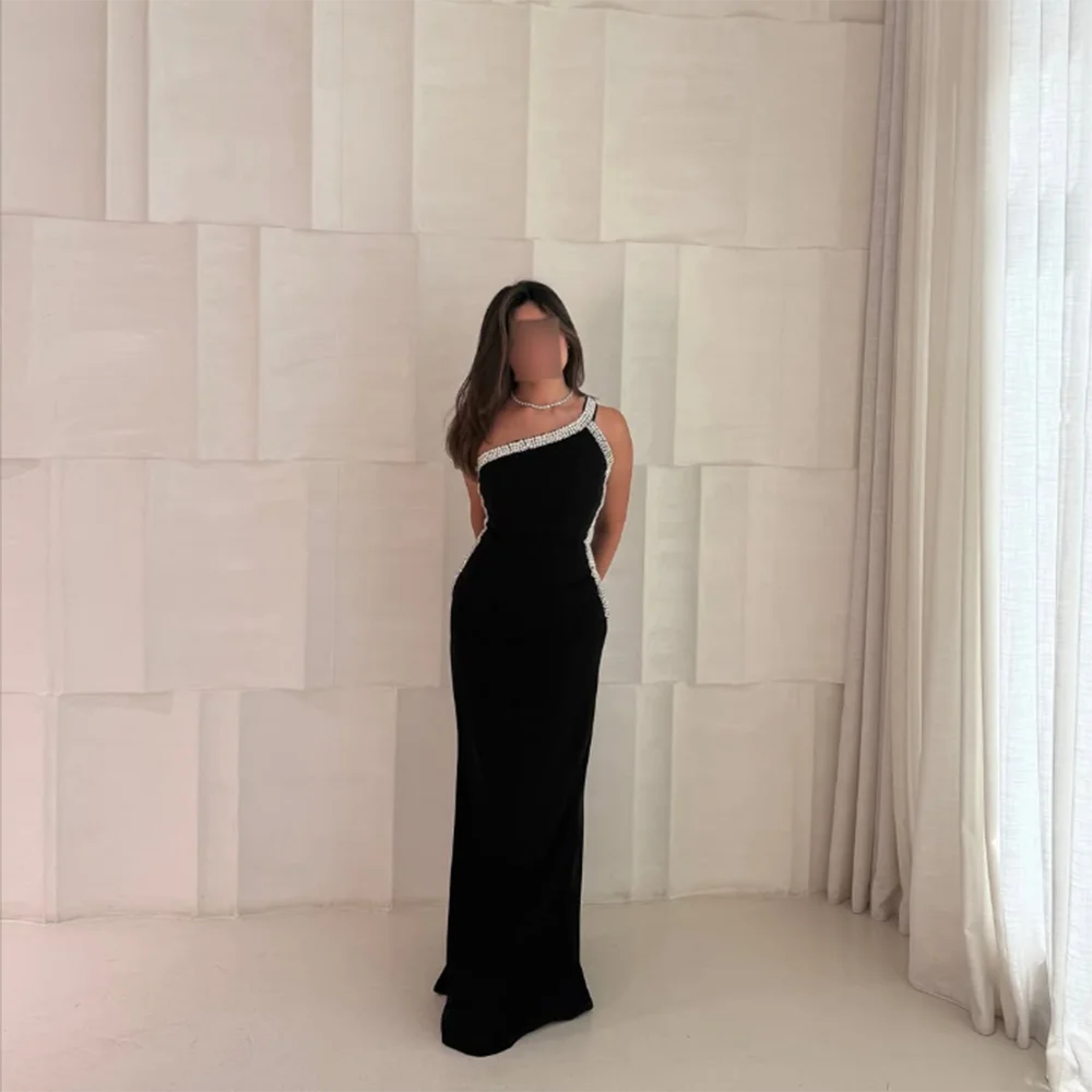 

Customized One-Shoulder Evening Dresses Beading rhinestone Straight Long Prom Gown Modern Floor-Length Backless Long Party Dress