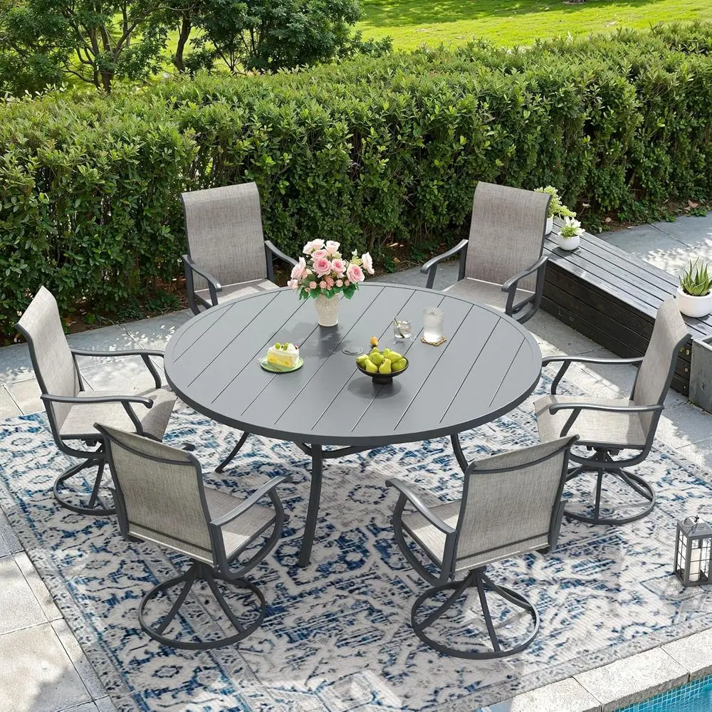 

6-Piece Patio Dining Set with Swivel Chairs, Textilene Fabric, 53 Round Metal Table, Grey