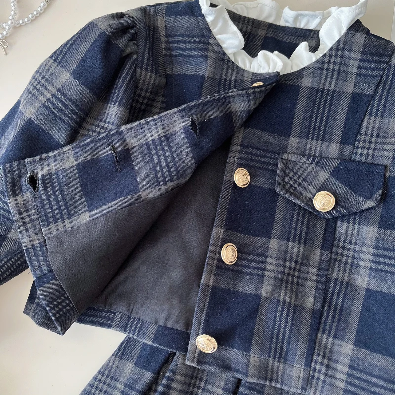 Girls\' Suit Autumn Girls\' Small Fragrance Style Print Coat + Long Sleeve Preppy Pleated Skirt Two-piece Set 2-7yrs