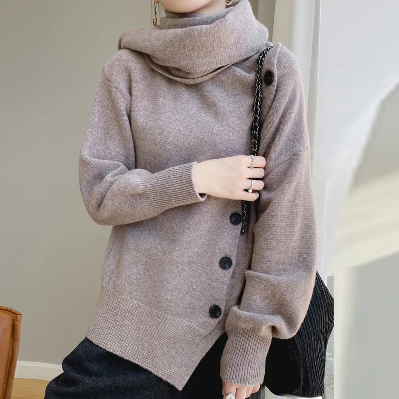 2023 Autumn/Winter New Women\'s 100% Wool Cashmere Sweater Scarf Tie Button Pullover Loose Korean Fashion Knitted Women\'s Top