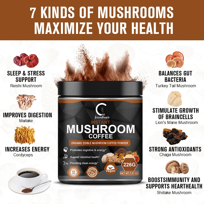 Mushroom Coffee,Mushroom Supplement, Lions Mane Mushroom Powder Instant Coffee for Focus, Energy,Digestion&Immunity,113G/3.98OZ