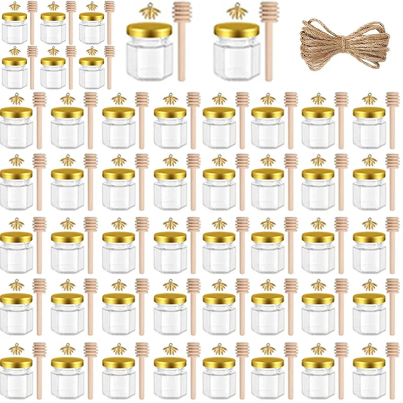 12/24/36/48Pcs-Mini Glass Honey Jar Set, Glass Sealed Jar, 1.5 oz Hexagonal Jar with Wooden Spoon, Lid, Bee Pendant, Perfect for Wedding and Party Gifts